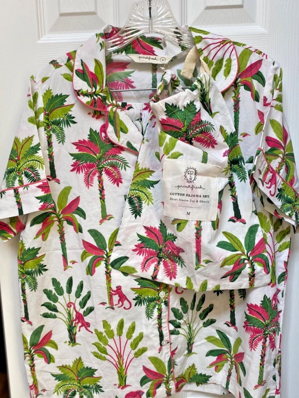 Printfresh White Cotton Top & Shorts with Pink and Green Palm Print